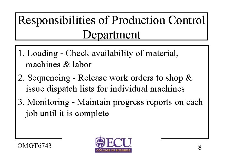 Responsibilities of Production Control Department 1. Loading - Check availability of material, machines &