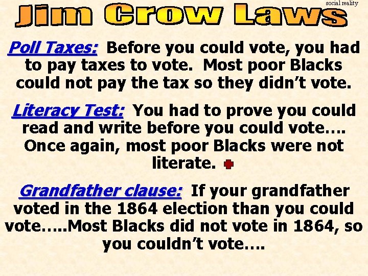 social reality Poll Taxes: Before you could vote, you had to pay taxes to