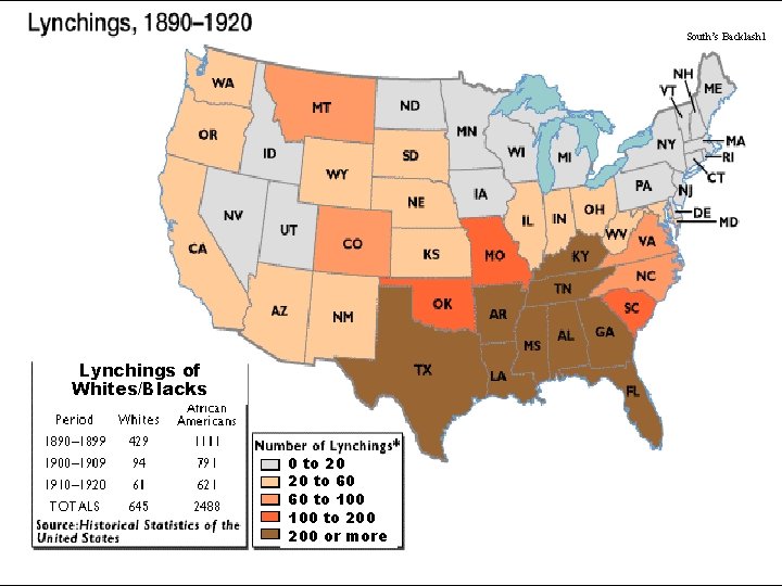 South’s Backlash 1 Lynchings of Whites/Blacks 0 to 20 20 to 60 60 to