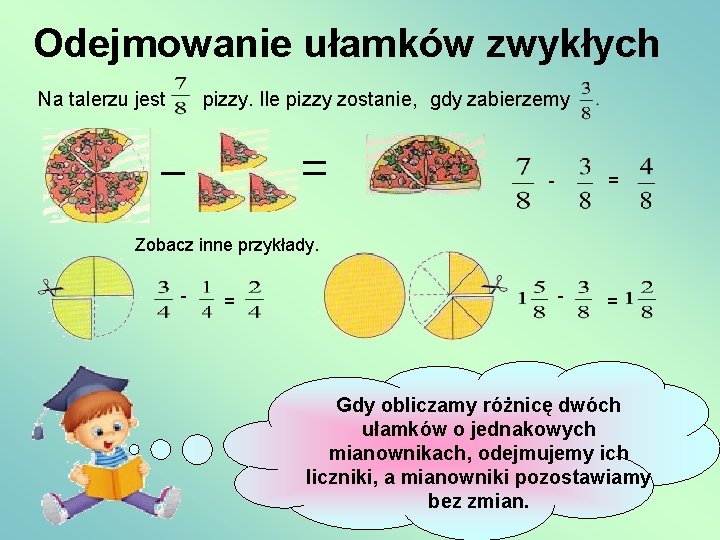 Odejmowanie ułamków zwykłych Na talerzu jest pizzy. Ile pizzy zostanie, gdy zabierzemy - =