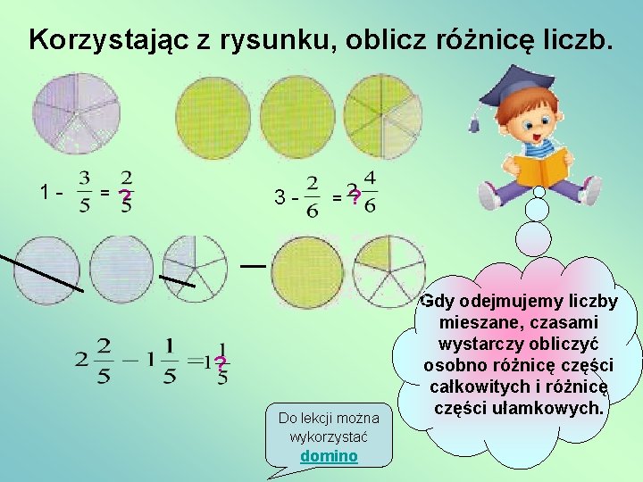 Korzystając z rysunku, oblicz różnicę liczb. 1 - = ? 3 - = ?