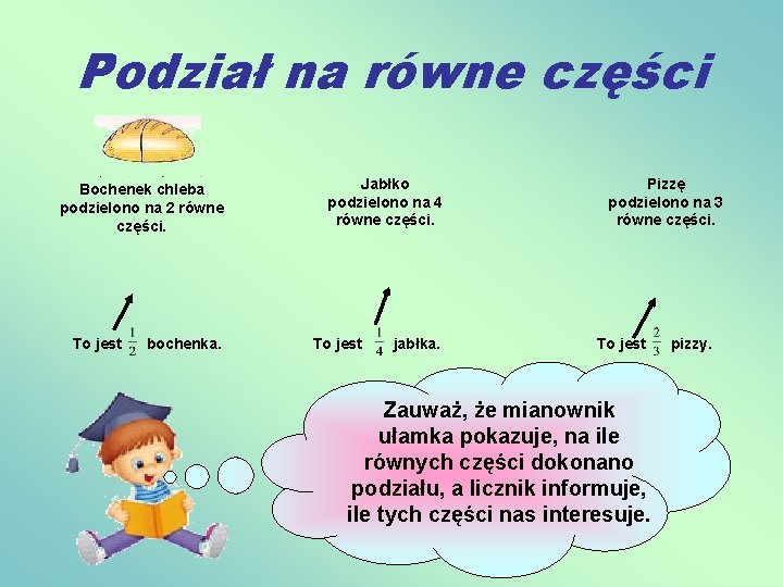 Podział na równe części Bochenek chleba podzielono na 2 równe części. To jest bochenka.