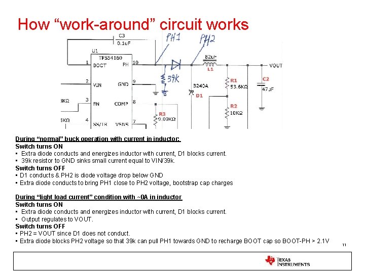 How “work-around” circuit works During “normal” buck operation with current in inductor: Switch turns