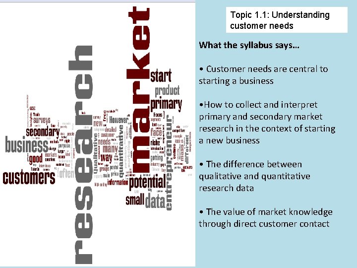 Topic 1. 1: Understanding customer needs What the syllabus says… • Customer needs are