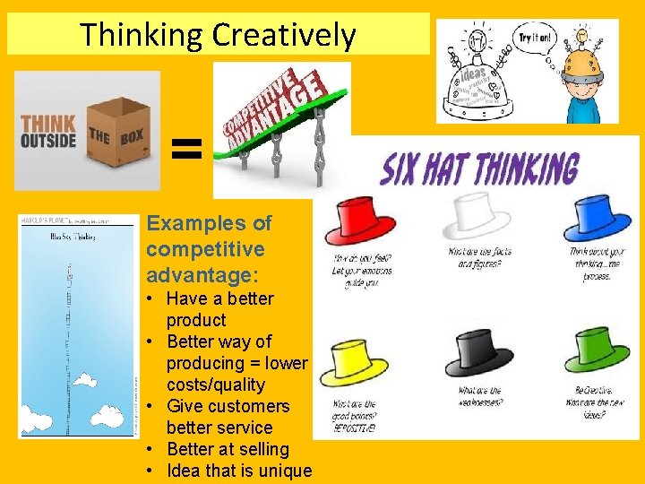 Thinking Creatively = Examples of competitive advantage: • Have a better product • Better