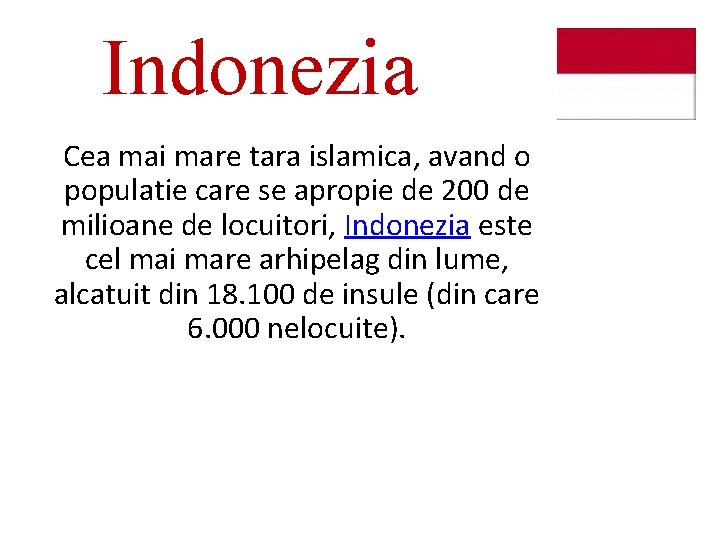 Indonezia Cea mai mare tara islamica, avand o populatie care se apropie de 200