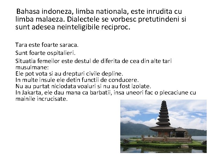 Bahasa indoneza, limba nationala, este inrudita cu limba malaeza. Dialectele se vorbesc pretutindeni si