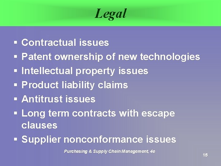 Legal § § § Contractual issues Patent ownership of new technologies Intellectual property issues
