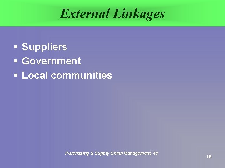 External Linkages § § § Suppliers Government Local communities Purchasing & Supply Chain Management,