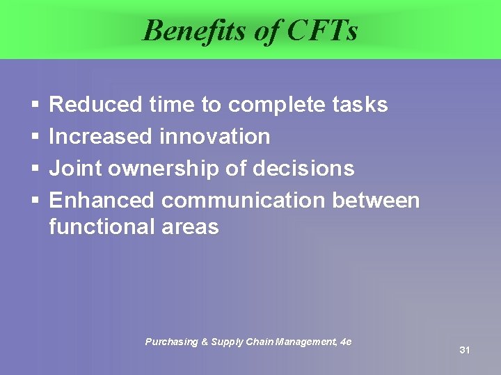 Benefits of CFTs § § Reduced time to complete tasks Increased innovation Joint ownership