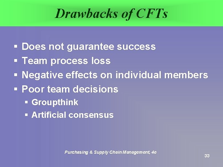 Drawbacks of CFTs § § Does not guarantee success Team process loss Negative effects