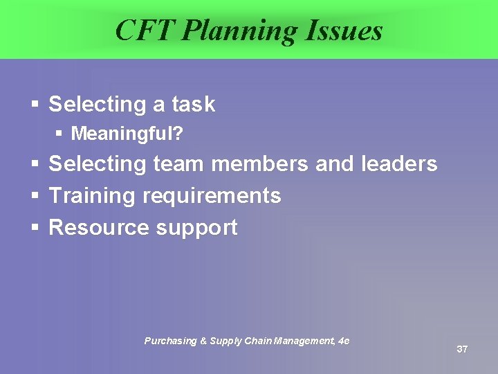 CFT Planning Issues § Selecting a task § Meaningful? § § § Selecting team