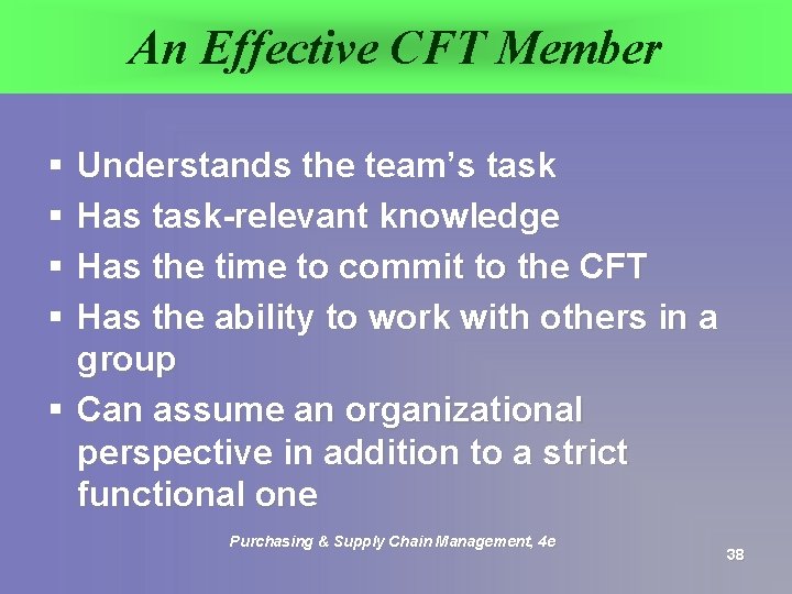 An Effective CFT Member § § Understands the team’s task Has task-relevant knowledge Has
