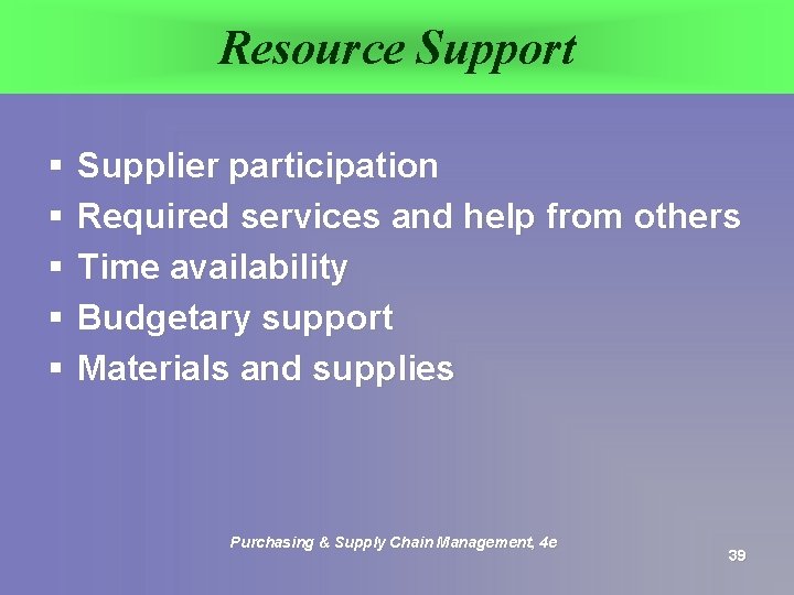 Resource Support § § § Supplier participation Required services and help from others Time