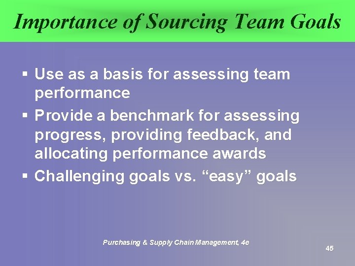 Importance of Sourcing Team Goals § Use as a basis for assessing team performance