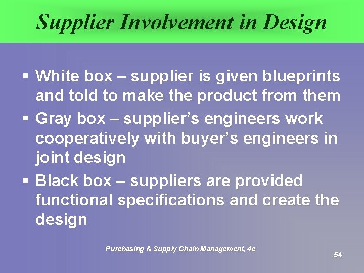 Supplier Involvement in Design § White box – supplier is given blueprints and told