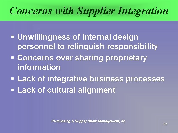 Concerns with Supplier Integration § Unwillingness of internal design personnel to relinquish responsibility §