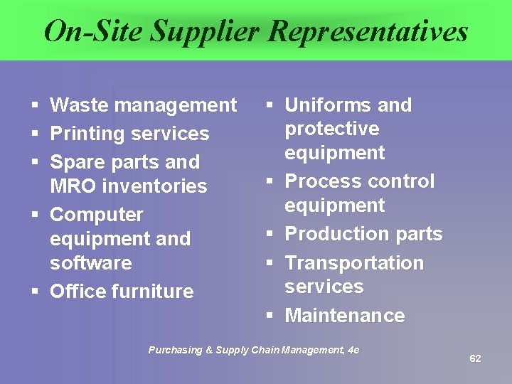 On-Site Supplier Representatives § Waste management § Printing services § Spare parts and MRO