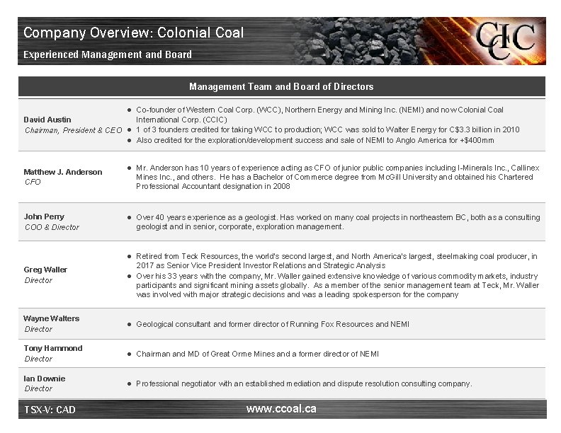 Company Overview: Colonial Coal Experienced Management and Board Management Team and Board of Directors