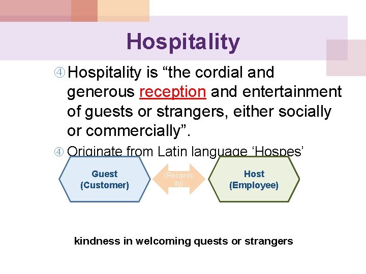 Hospitality is “the cordial and generous reception and entertainment of guests or strangers, either