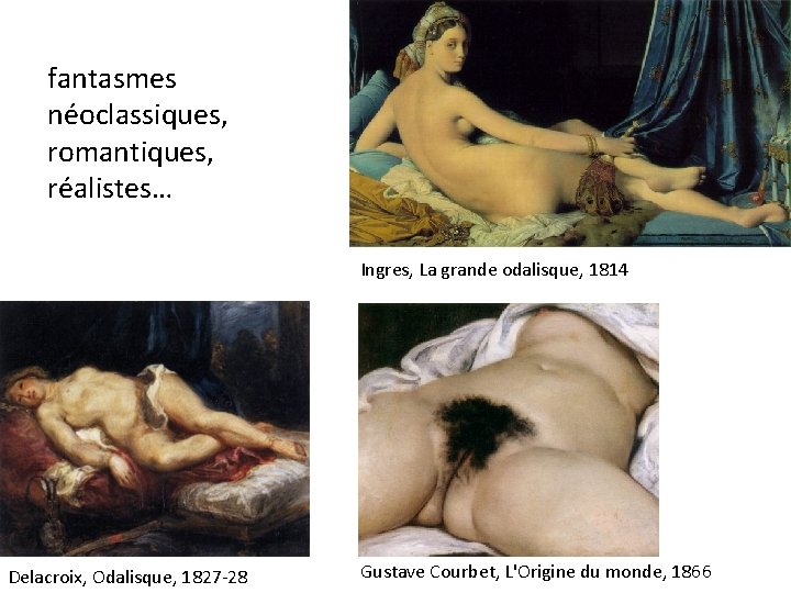 fantasmes néoclassiques, romantiques, réalistes… Ingres, La grande odalisque, 1814 Delacroix, Odalisque, 1827 -28 Gustave