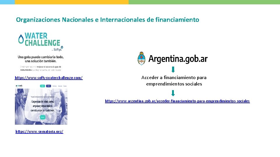 Organizaciones Nacionales e Internacionales de financiamiento https: //www. softyswaterchallenge. com/ Acceder a financiamiento para