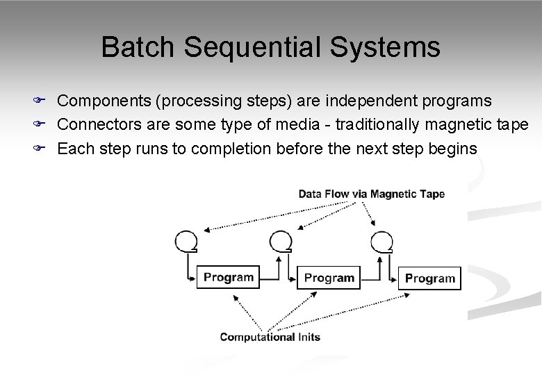Batch Sequential Systems F Components (processing steps) are independent programs F Connectors are some