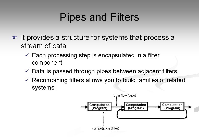 Pipes and Filters F It provides a structure for systems that process a stream