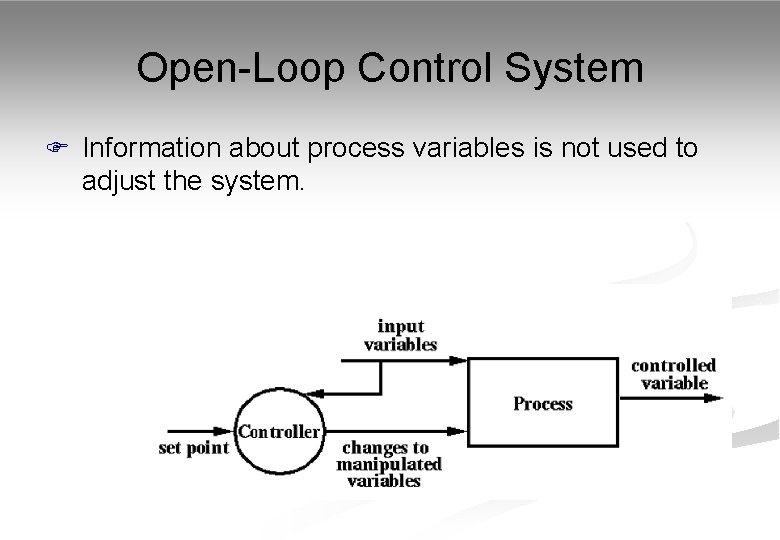 Open-Loop Control System F Information about process variables is not used to adjust the