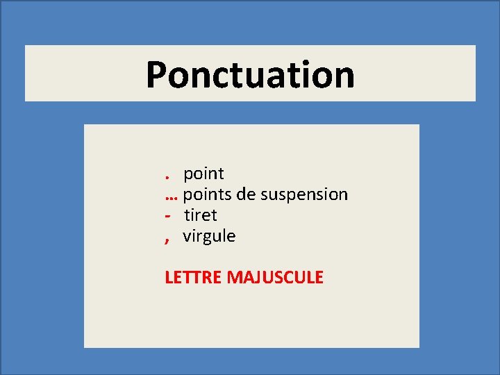 Ponctuation. point … points de suspension - tiret , virgule LETTRE MAJUSCULE 