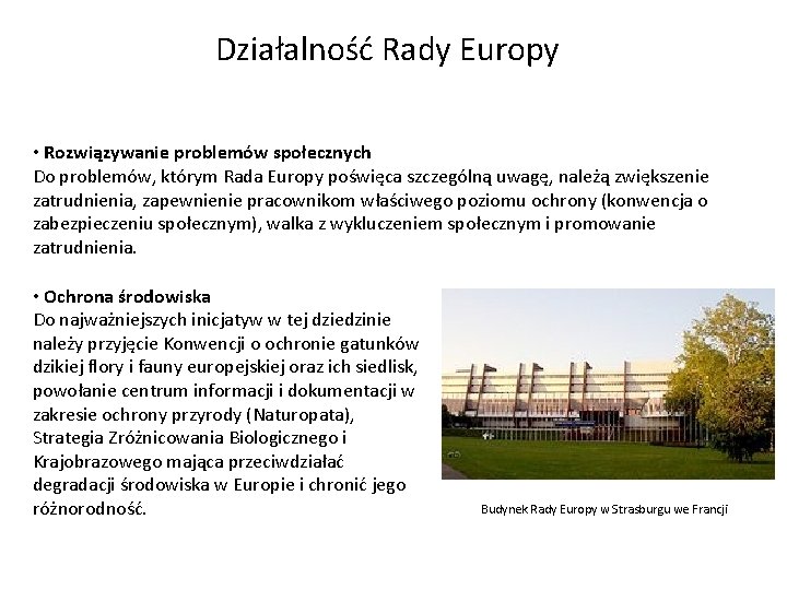 Działalność Rady Europy • Rozwiązywanie problemów społecznych Do problemów, którym Rada Europy poświęca szczególną