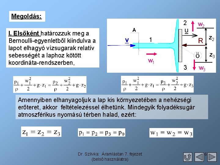 Megoldás: 2 I. Elsőként határozzuk meg a Bernoulli-egyenletből kiindulva a lapot elhagyó vízsugarak relatív