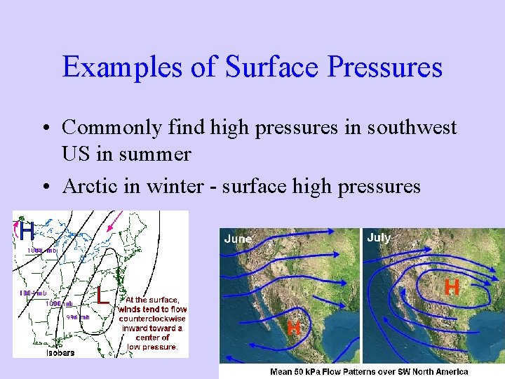 Examples of Surface Pressures • Commonly find high pressures in southwest US in summer
