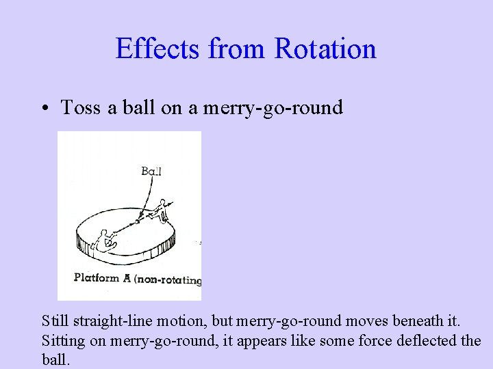 Effects from Rotation • Toss a ball on a merry-go-round Still straight-line motion, but