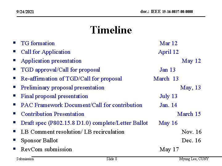 doc. : IEEE 15 -16 -0837 -00 -0008 9/24/2021 Timeline § § § §