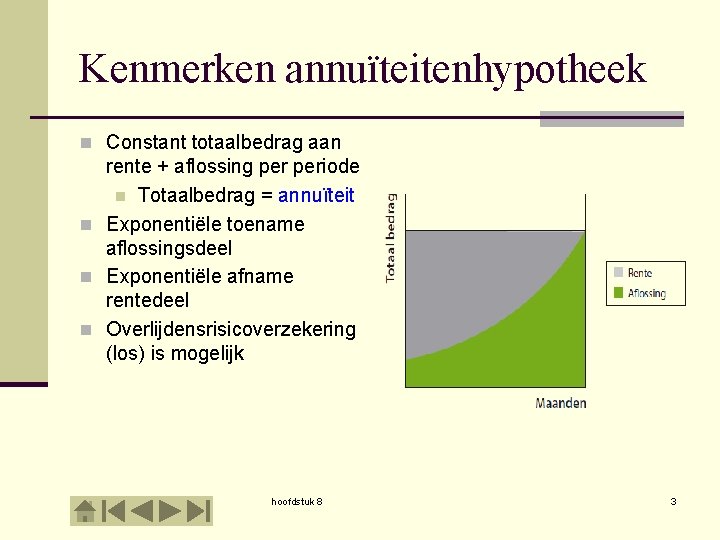 Kenmerken annuïteitenhypotheek n Constant totaalbedrag aan rente + aflossing periode n Totaalbedrag = annuïteit