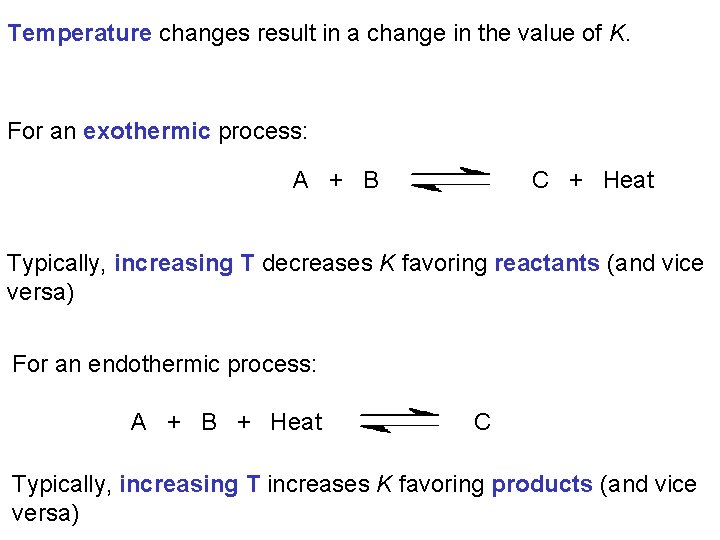 Temperature changes result in a change in the value of K. For an exothermic