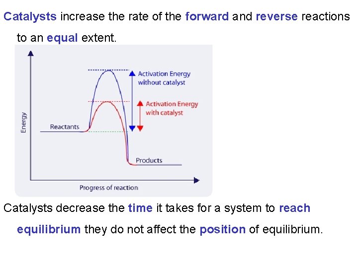 Catalysts increase the rate of the forward and reverse reactions to an equal extent.