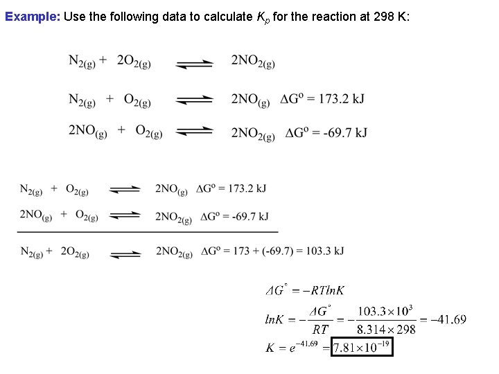 Example: Use the following data to calculate Kp for the reaction at 298 K: