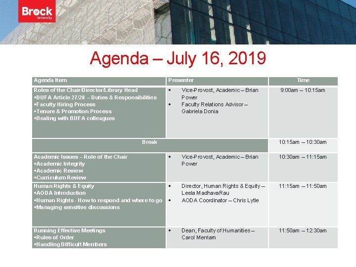 Agenda – July 16, 2019 Agenda Item Presenter Roles of the Chair/Director/Library Head BUFA