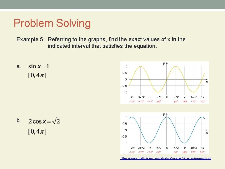 Problem Solving Example 5: Referring to the graphs, find the exact values of x