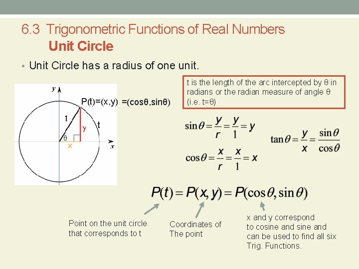 6. 3 Trigonometric Functions of Real Numbers Unit Circle • Unit Circle has a