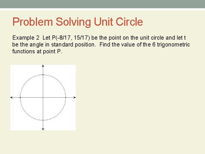 Problem Solving Unit Circle Example 2 Let P(-8/17, 15/17) be the point on the