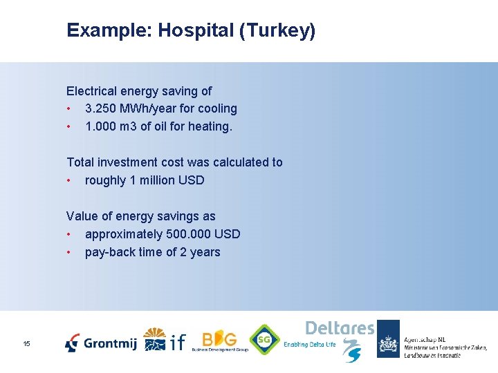 Example: Hospital (Turkey) Electrical energy saving of • 3. 250 MWh/year for cooling •