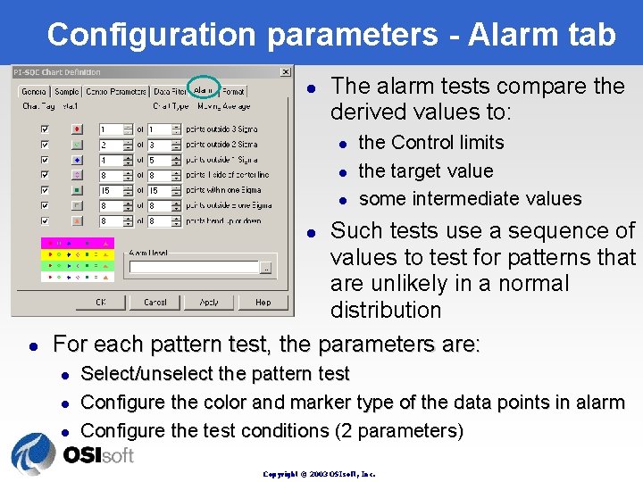 Configuration parameters - Alarm tab l The alarm tests compare the derived values to: