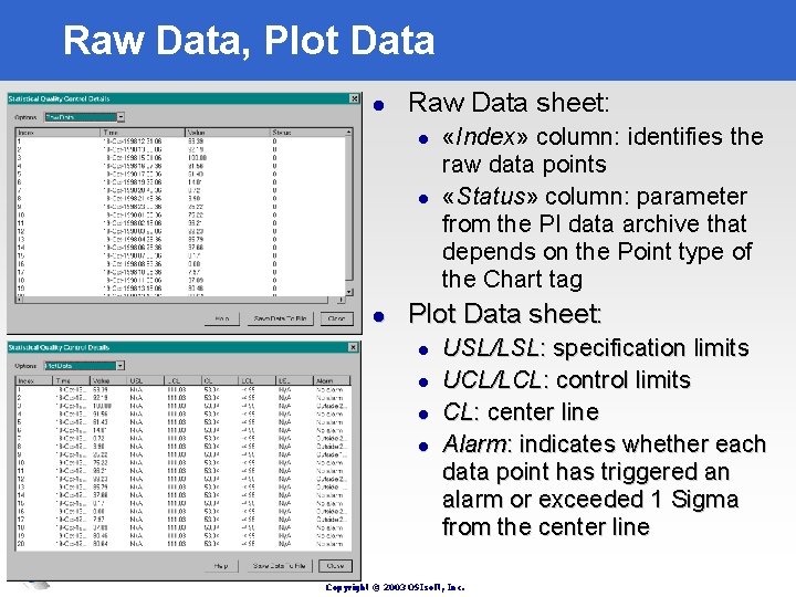 Raw Data, Plot Data l Raw Data sheet: l l l «Index» column: identifies