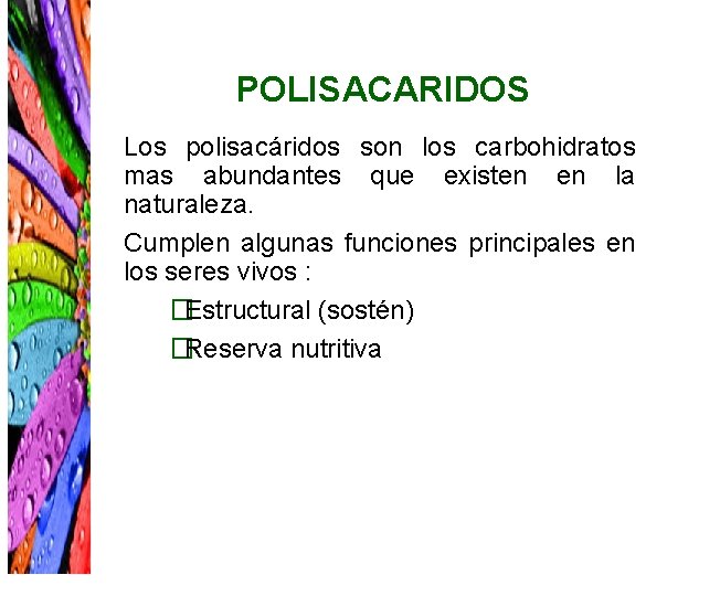 POLISACARIDOS Los polisacáridos son los carbohidratos mas abundantes que existen en la naturaleza. Cumplen