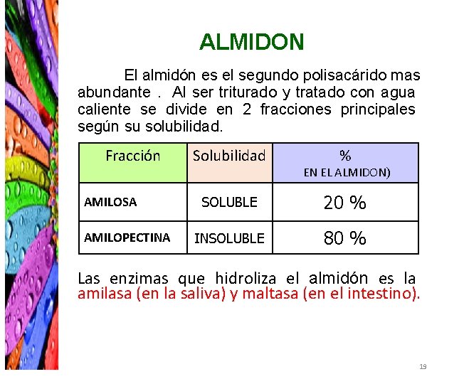 ALMIDON El almidón es el segundo polisacárido mas abundante. Al ser triturado y tratado