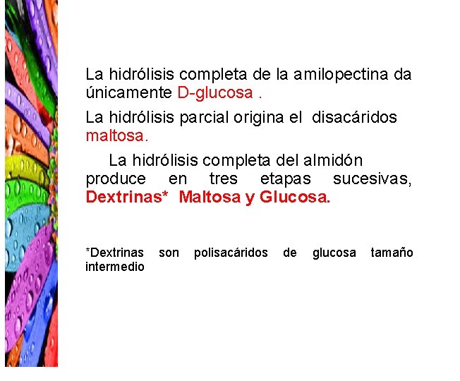 La hidrólisis completa de la amilopectina da únicamente D-glucosa. La hidrólisis parcial origina el