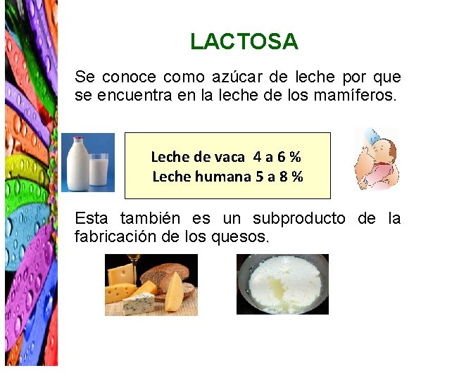 LACTOSA Se conoce como azúcar de leche por que se encuentra en la leche